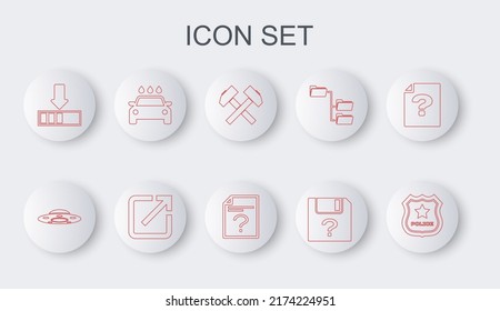 Set line Police badge, UFO flying spaceship, Two crossed hammers, Unknown document, Loading, Car wash, Open new window and  icon. Vector