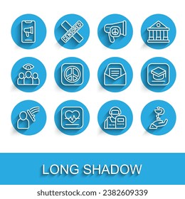 Set line Police beat human, Heart rate, Protest, officer, Caduceus snake medical, Peace, Graduation cap and Mail and e-mail icon. Vector