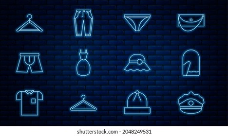 Set line Police cap with cockade, Christmas mitten, Men underpants, Woman dress, Hanger wardrobe, Elegant women hat and Pants icon. Vector