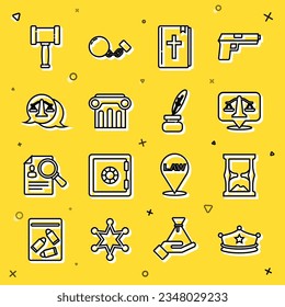 Set line Police cap with cockade, Old hourglass, Scales of justice, Holy bible book, Law pillar, Judge gavel and Feather and inkwell icon. Vector