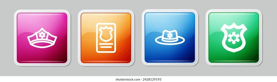 Set line Police cap with cockade, badge id case, Sheriff hat and . Colorful square button. Vector