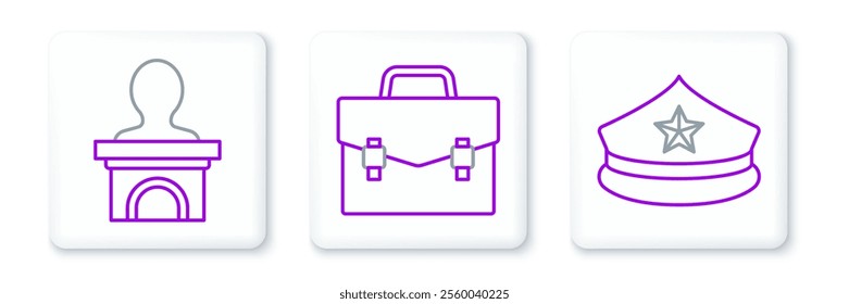 Set line Police cap with cockade, Stage stand or debate podium rostrum and Briefcase icon. Vector