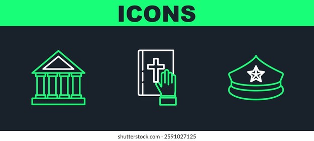 Set line Police cap with cockade, Courthouse building and Oath on the Holy Bible icon. Vector