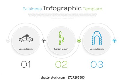 Set line Police car and flasher, Footsteps and Judge wig. Business infographic template. Vector