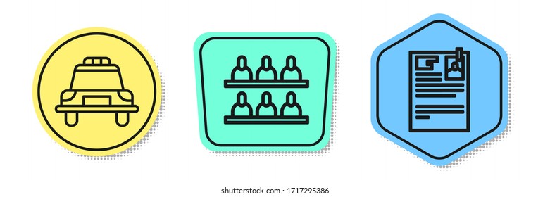 Set line Police car and flasher, Jurors and Lawsuit paper. Colored shapes. Vector