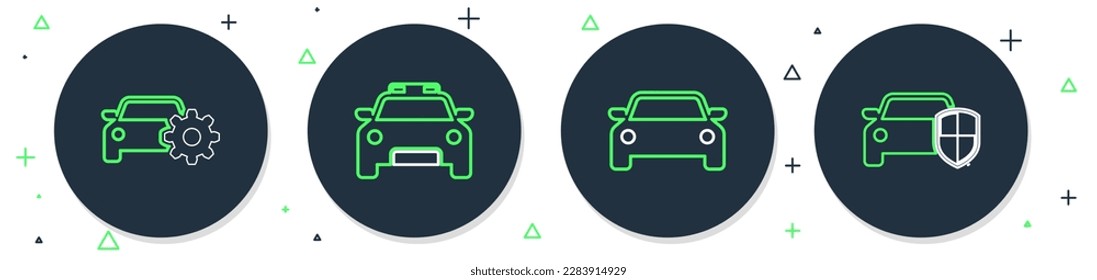 Set line Police car and flasher, Car, service and protection or insurance icon. Vector