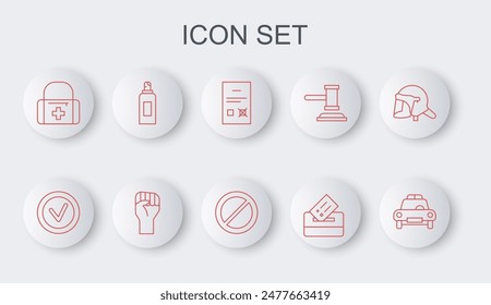 Set line Police car and flasher, Check mark in round, Poll document, Vote box, First aid kit, Paint spray can, Raised hand with clenched fist and Ban icon. Vector