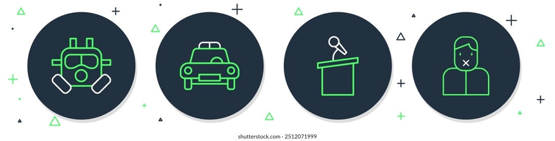 Set line Police car and flasher, Stage stand or tribune, Gas mask and Censor freedom of speech icon. Vector