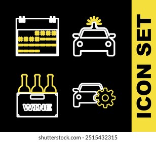 Set line Police car and flasher, Car service, Bottles of wine in box and Calendar icon. Vector