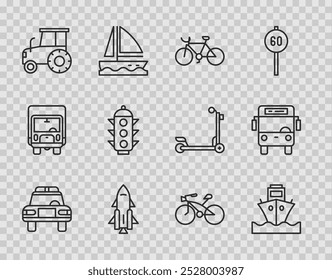 Set line Police car and flasher, Cargo ship, Bicycle, Rocket with fire, Tractor, Traffic light,  and Bus icon. Vector