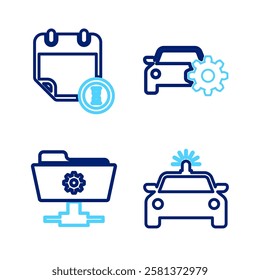 Set line Police car and flasher, FTP settings folder, Car service and Calendar clock icon. Vector