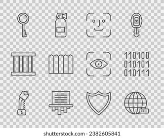 Set line Police electric shocker, Social network, Face recognition, Paper shredder, Old key, Garden fence wooden, Shield and Binary code icon. Vector