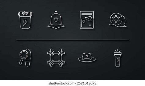 Set line Police electric shocker, Footsteps, Hexagram sheriff, Sheriff hat with badge, Prison window, British police helmet, Flashlight and Plastic bag of drug icon. Vector