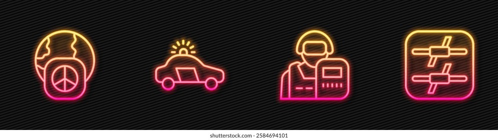 Set line Police officer, International day peace, car and flasher and Barbed wire. Glowing neon icon. Vector