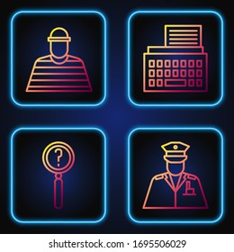 Set line Police officer, Magnifying glass with search, Prisoner and Retro typewriter. Gradient color icons. Vector