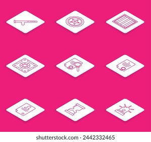 Set line Police rubber baton, badge, Prison window, Safe, Document with search, Certificate template, Identification and Old hourglass icon. Vector