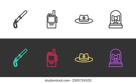 Set line Police rubber baton, Walkie talkie, Sheriff hat with badge and Flasher siren on black and white. Vector