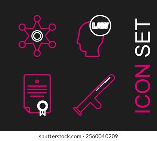 Set line Police rubber baton, Certificate template, Head with law and Hexagram sheriff icon. Vector