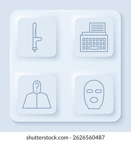 Set line Police rubber baton, Retro typewriter, Anonymous with question mark and Thief mask. White square button. Vector