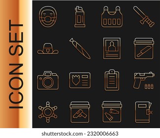 Set line Police station folder, Pistol or gun, Evidence bag with knife, Bulletproof vest, Marijuana joint, Sheriff hat badge, Doctor pathologist and Wanted poster icon. Vector