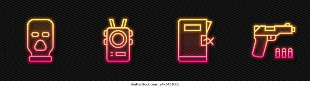 Fije la carpeta de la estación de policía, el pasamontañas, la cámara del cuerpo y la pistola o el arma. Icono de neón brillante. Vector