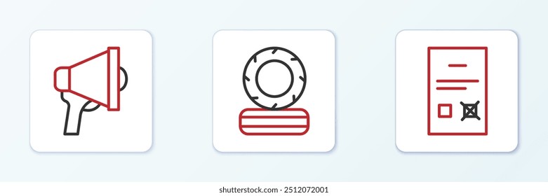 Set line Poll document, Megaphone and Lying burning tires icon. Vector