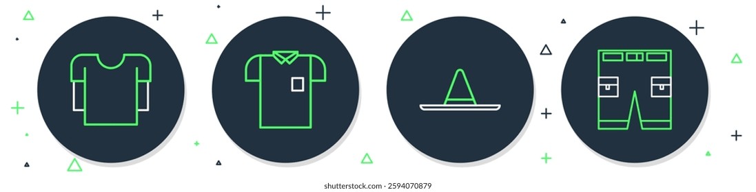 Set line Polo shirt, Gardener worker hat, Long sleeve and Short pants icon. Vector