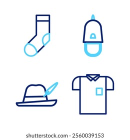 Set line Polo shirt, Oktoberfest hat, Police cap with cockade and Socks icon. Vector