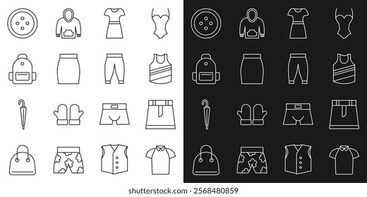 Set line Polo shirt, Skirt, Undershirt, Woman dress, School backpack, Sewing button for clothes and Pants icon. Vector