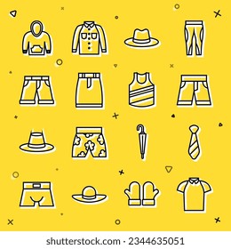 Set line Polo shirt, Tie, Short or pants, Man hat, Skirt, Hoodie and Undershirt icon. Vector