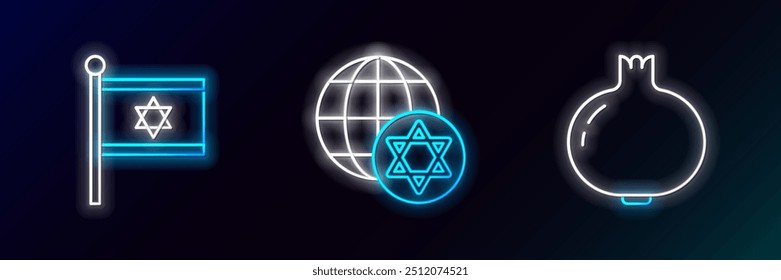 Set line Pomegranate, Flag of Israel and World Globe and icon. Glowing neon. Vector