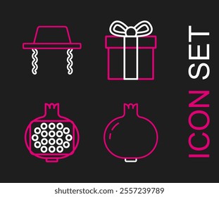 Set line Pomegranate, Gift box and Orthodox jewish hat icon. Vector