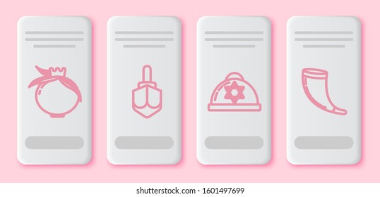 Set line Pomegranate, Hanukkah dreidel, Jewish kippah with star of david and Traditional ram horn, shofar. White rectangle button. Vector