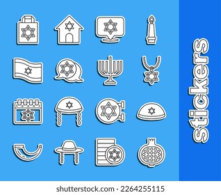 Set line Pomegranate, Jewish kippah, Star of David necklace on chain, Flag Israel, Shopping bag with star david and Hanukkah menorah icon. Vector