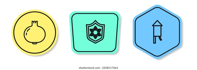 Set line Pomegranate, Shield with Star of David and Firework rocket. Colored shapes. Vector