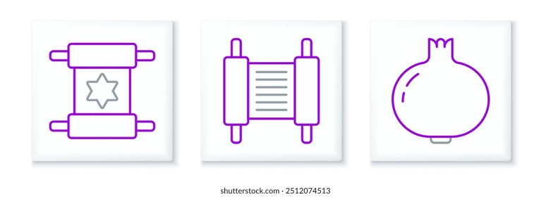 Set line Pomegranate, Torah scroll and  icon. Vector