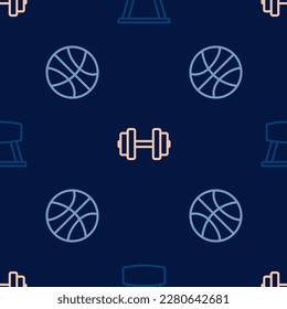 Set line Pommel horse, Basketball ball and Dumbbell on seamless pattern. Vector