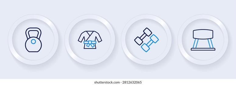 Set line Pommel horse, Dumbbell, Kimono and Weight icon. Vector