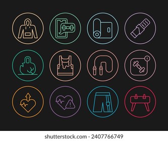 Set line Pommel horse, Fitness app, mat roll, Sweaty sleeveless t-shirt, Broken weight, Hoodie, Jump rope and  icon. Vector