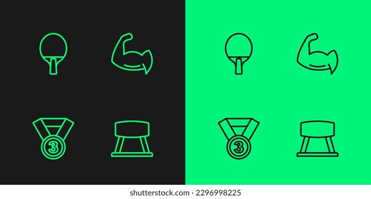 Set line Pommel horse, Medal, Racket and Bodybuilder showing his muscles icon. Vector
