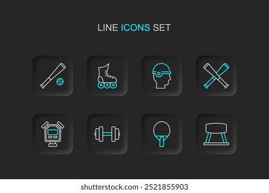 Set line Pommel horse, Racket, Dumbbell, Stopwatch, Crossed baseball bat, Baseball helmet, Roller skate and with icon. Vector