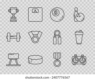 Set line Pommel horse, Time chess clock, Billiard pool snooker ball, Hockey puck, Award cup, Medal,  and Fitness shaker icon. Vector
