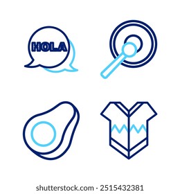 Set line Poncho, Avocado fruit, Gong and Hola icon. Vector