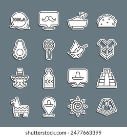 Set line Poncho, Chichen Itza in Mayan, Nachos bowl, Maracas, Avocado fruit, Hola and Hot chili pepper pod icon. Vector