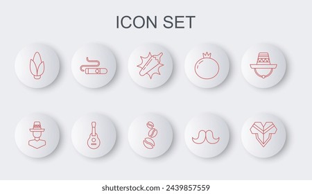 Set line Poncho, Mexican man sombrero, Hot chili pepper pod, Mustache, Corn, Cigar, guitar and Coffee beans icon. Vector