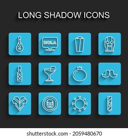 Set line Poncho, Mexican skull coin, guitar, Sun, Cigar, Margarita cocktail, Mustache and Tomato icon. Vector
