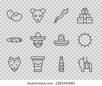 Set line Poncho, Pinata, Snake, Mexican drum, Beans, man sombrero, Tabasco sauce and Sun icon. Vector