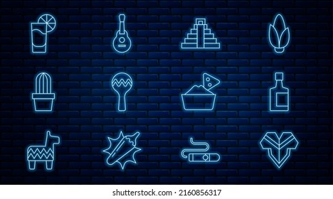Poncho línea, botella de Tequila, Chichen Itza en maya, Maracas, cactus o cacerola suculenta, vidrio con limón, tazón de nachos e ícono de guitarra mexicana. Vector
