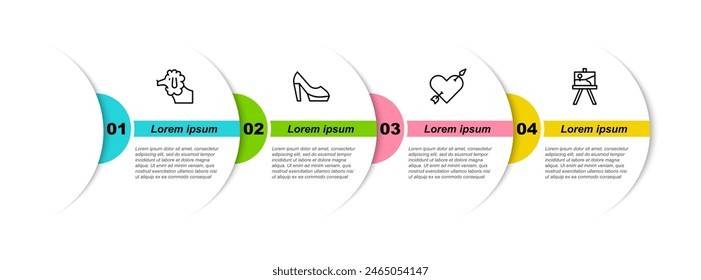 Set line Poodle dog, Woman shoe, Amour with heart and arrow and Easel or painting boards. Business infographic template. Vector