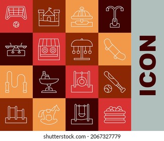 Set line Pool with balls, Baseball bat, Skateboard trick, Attraction carousel, Shooting gallery, Seesaw, Soccer goal and  icon. Vector